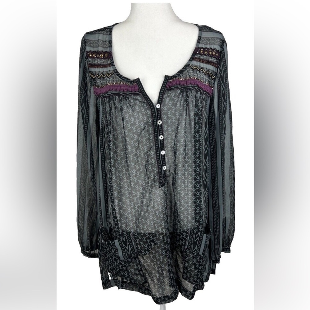Free People Blouse Women Large Aztec Boho Print Long Sleeve Henley Sheer Pullove